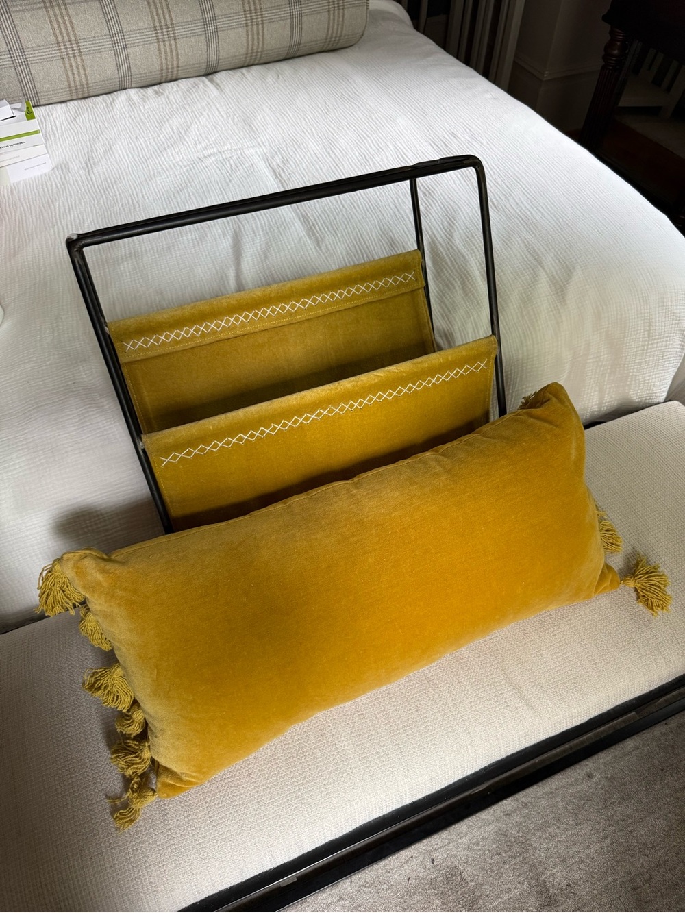 Mustard Yellow Velvet Lumbar Pillow with Tassels & Matching Magazine Rack